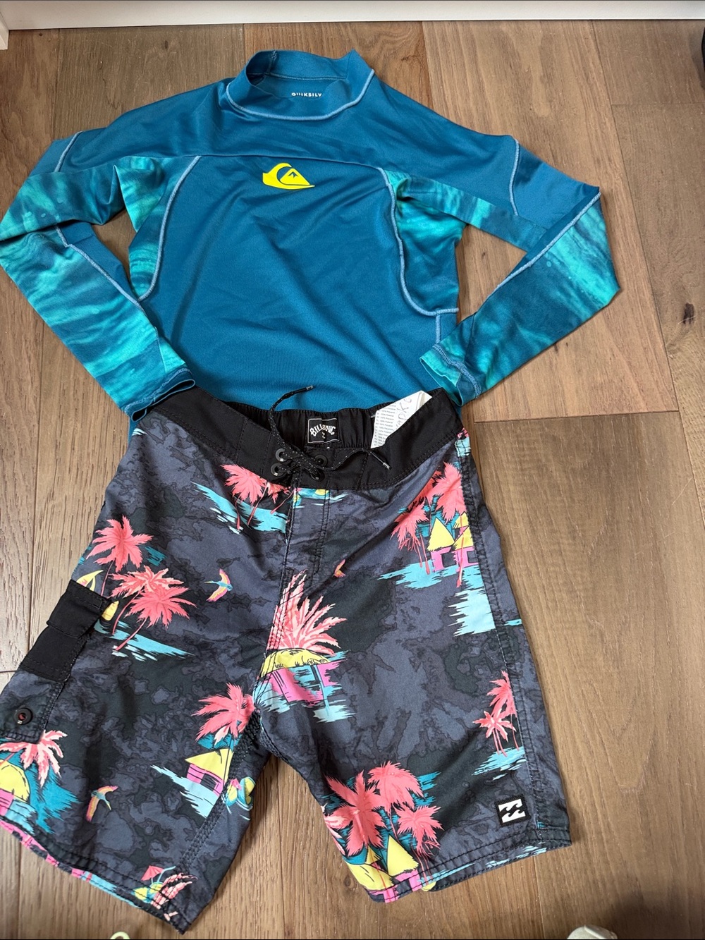 Quiksilver Teal Long-Sleeve Rash Guard with Black Tropical Boardshorts